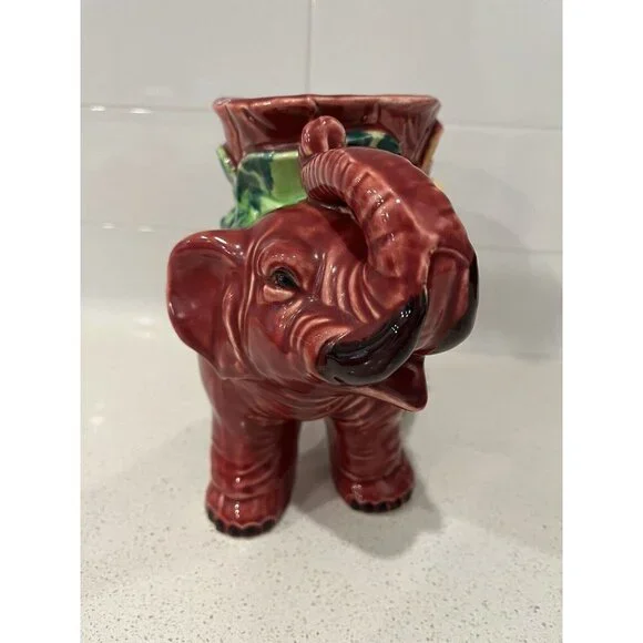 Vintage Ceramic Large Elephant Planter Colorful Made in Japan Pottery Burgundy - Picture 5 of 16